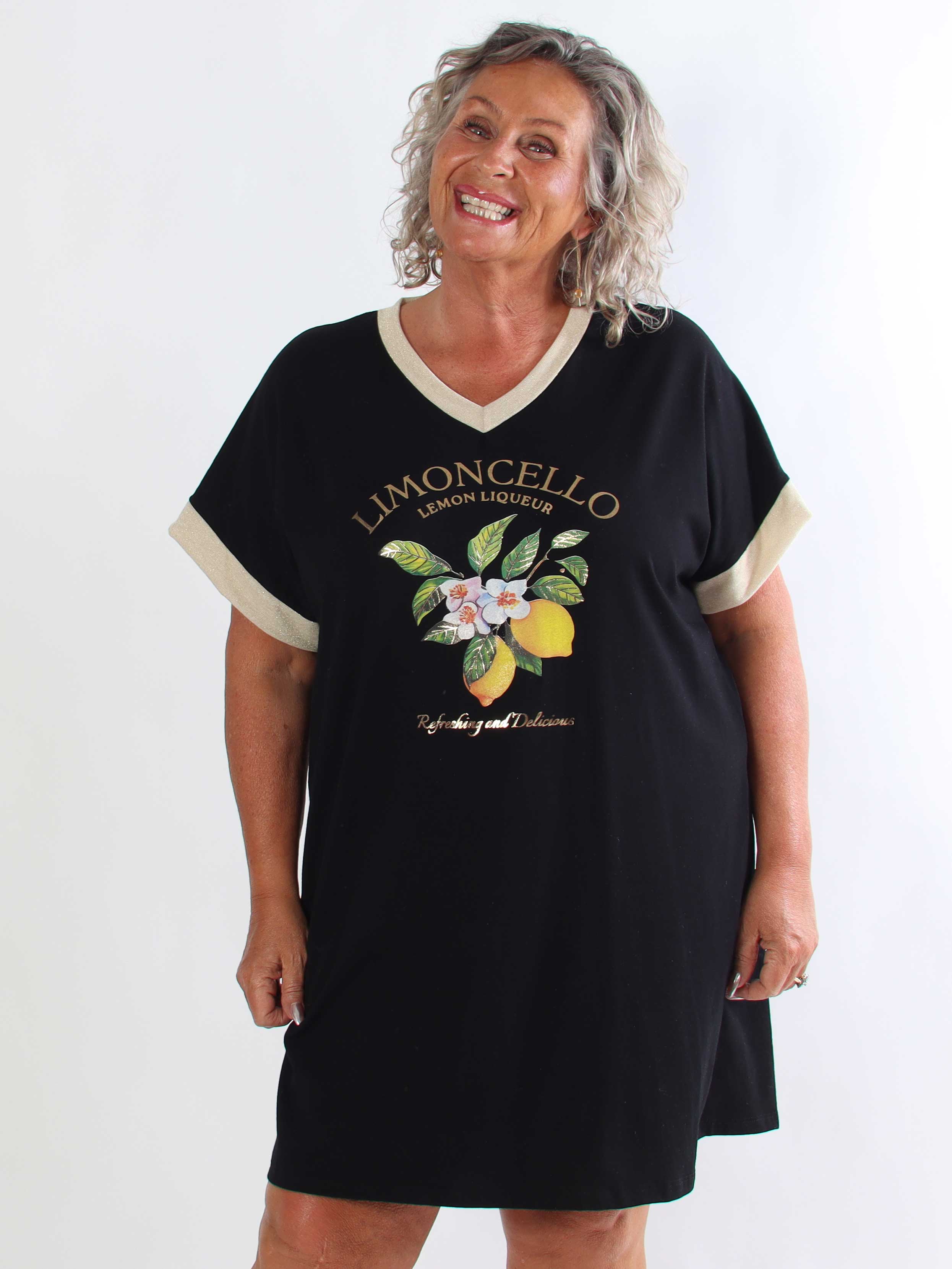 Zandra - Plus size t-shirtkjole i bomuld med citroner og guld detaljer